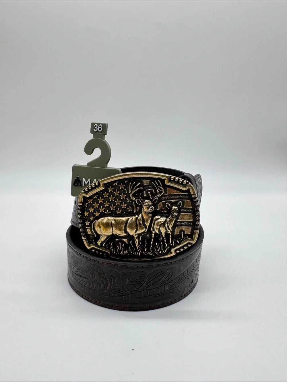 Matix Western Leather Belt 36 NWT Tooled Tooled Floral Deer American Flag Buckle